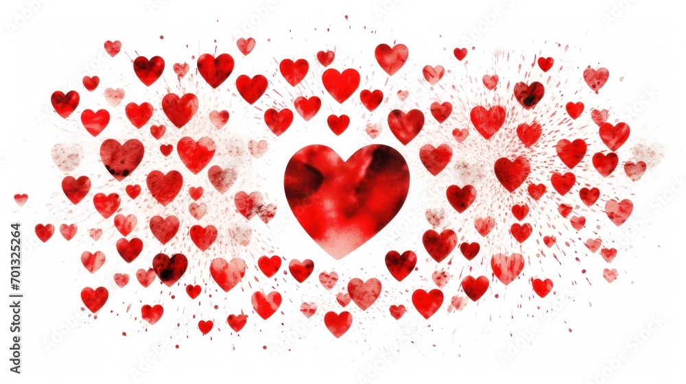 Poster a large group of red hearts in the shape of a heart on a white background with sprinkles.