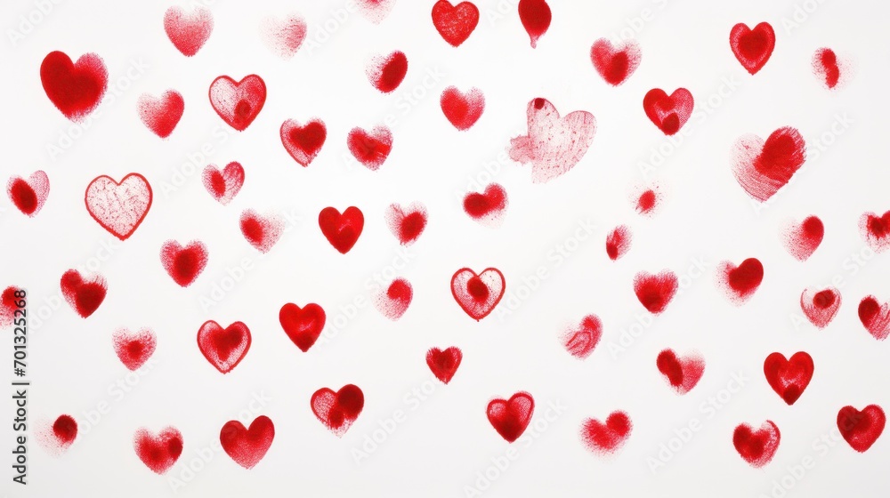 Poster a bunch of hearts that are drawn in red on a white sheet of paper with a red marker in the shape of 