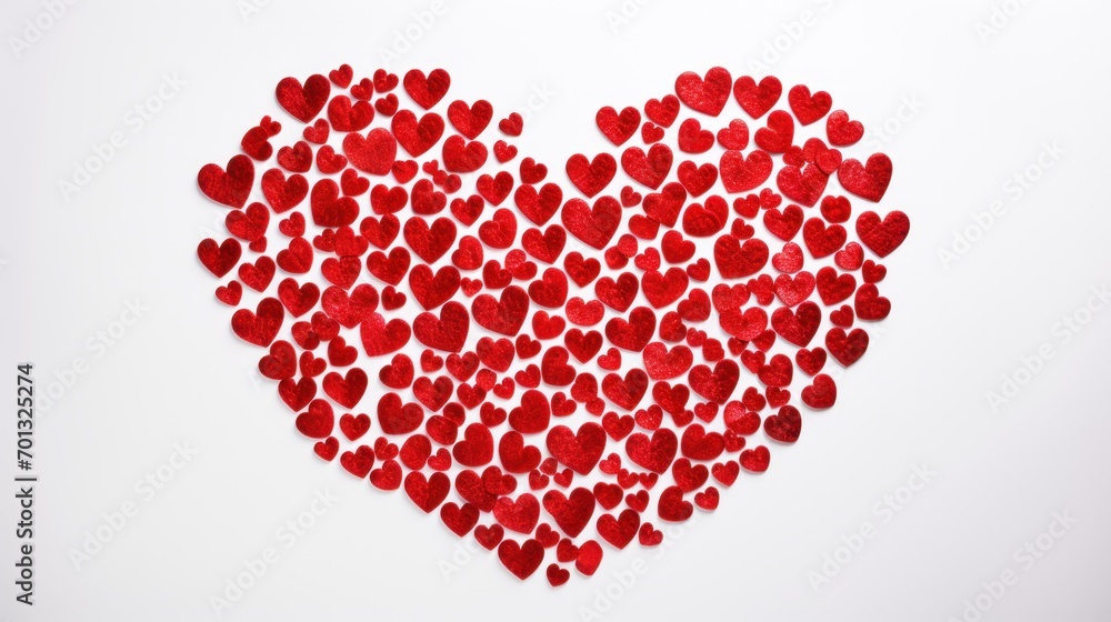Poster a heart made of small red hearts on a white background with space for a text or an image to put on a