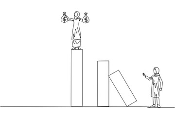 Continuous one line drawing Arabian businesswoman stands on the bar lifting money bag. Fake partner. Envy friend. Sabotage happiness. The traitor on office. Single line draw design vector illustration