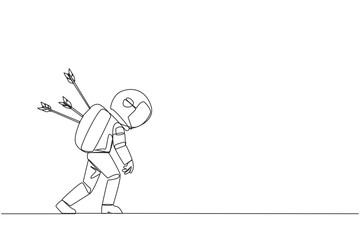 Fototapeta premium Single one line drawing the astronaut standing and several arrows stuck in the back. Attacked from behind. Destroyed and helpless. Fake partner. Traitor. Continuous line design graphic illustration