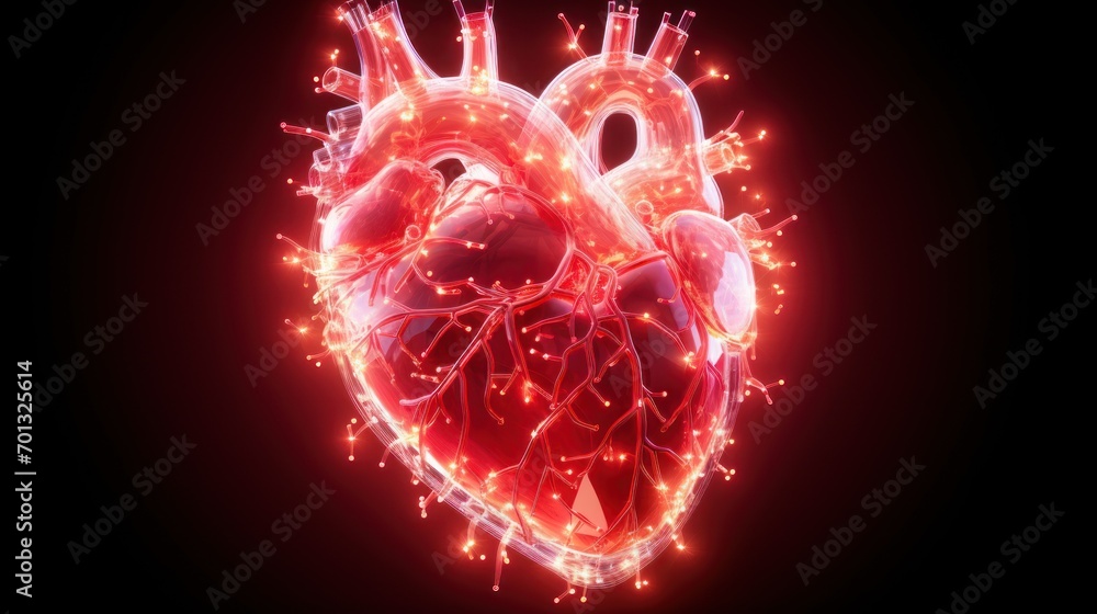 Poster a computer generated image of a heart with a lot of glowing lights in the middle of the heart, on a 