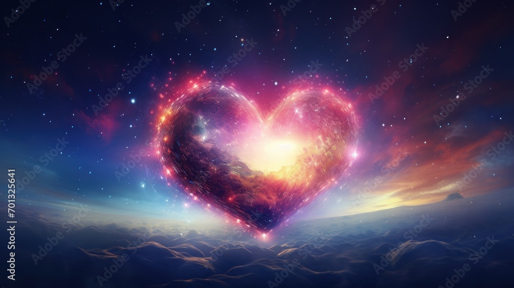 Poster a heart shaped object in the middle of a space filled with stars and a sky filled with clouds and st