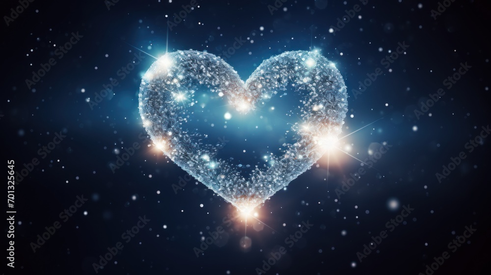 Poster a heart shape made out of sparkles on a dark background with a star burst in the middle of the heart