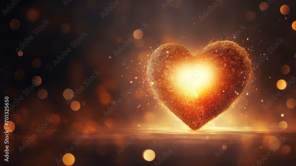 Poster a close up of a heart shaped object in the middle of a dark background with boke of light coming out