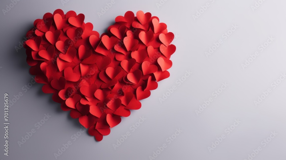 Poster a heart made out of red paper hearts on a gray background with a place for the text on the left side