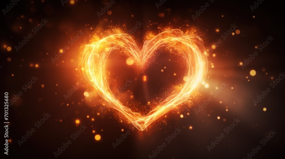 Poster a heart shaped object is shown in the middle of a dark background with yellow and orange lights in t