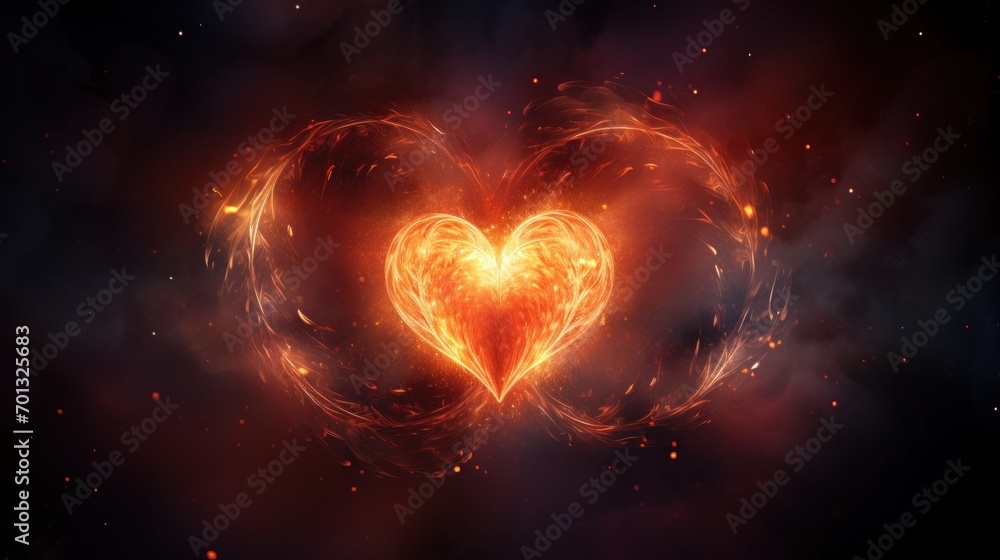 Poster a heart shaped object in the middle of a black background with red and yellow swirls in the shape of