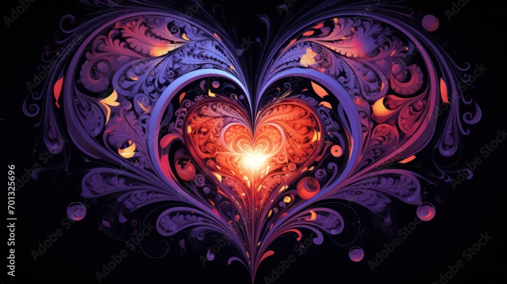 Poster a heart shaped object with a light in the middle of the center of the heart, surrounded by swirls an