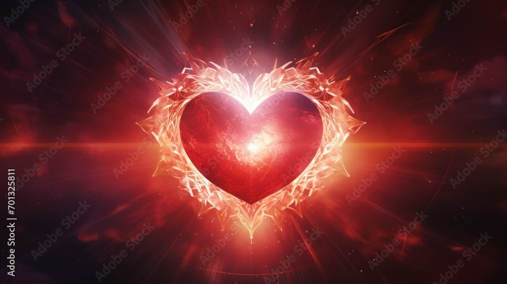Poster a heart shaped object in the middle of a dark background with a bright flash of light coming out of 