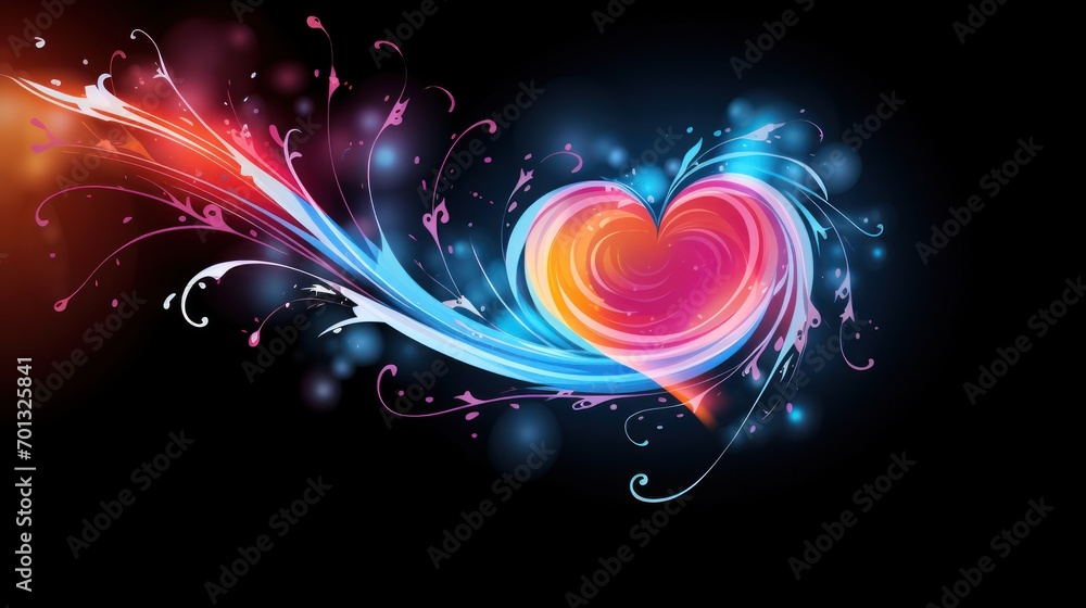 Poster a colorful heart on a black background with swirls and bubbles in the shape of a wave and a splash o