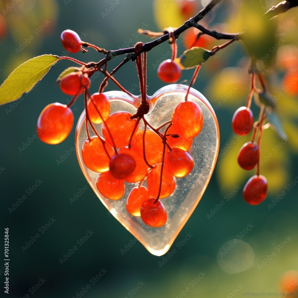 Poster a close up of a heart shaped object hanging from a tree branch with cherries hanging from it's branc