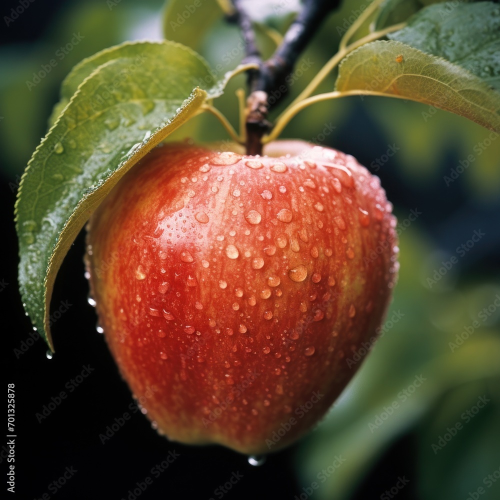 Poster a close up of a red apple on a tree branch with water droplets on the leaves and a black background.