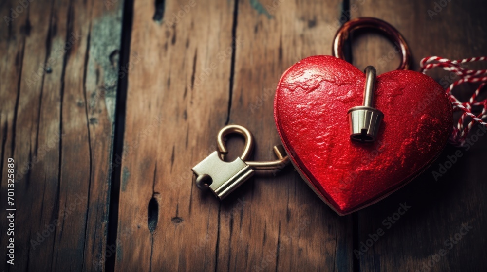Poster a red heart with a key attached to it sitting on top of a wooden table next to a keychain.