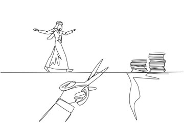Continuous one line drawing Arabian businessman walking on tightrope from one cliff to another. Failed to move to much better place. Cheated by colleague. Single line draw design vector illustration