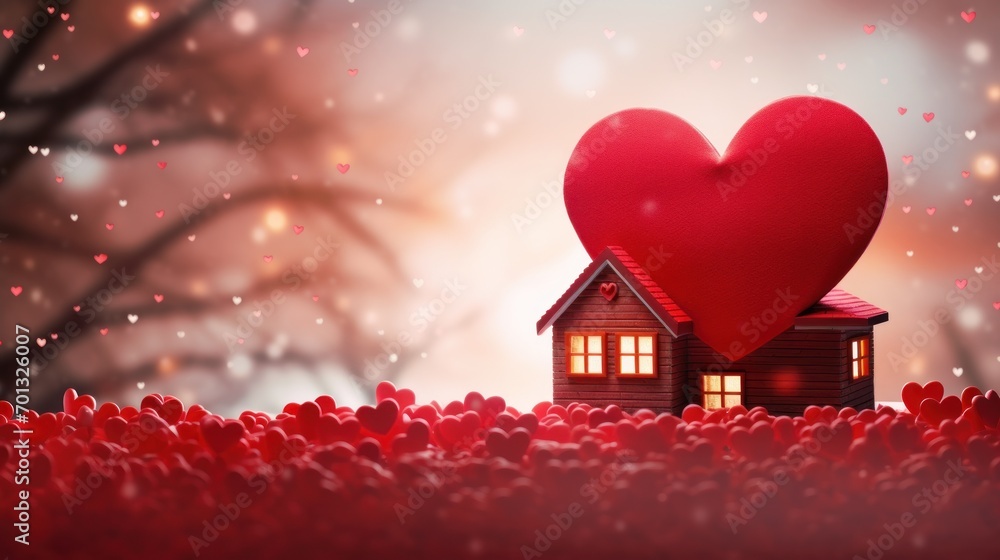 Poster a house with a heart on top of it in the middle of a field with red flowers in the foreground.
