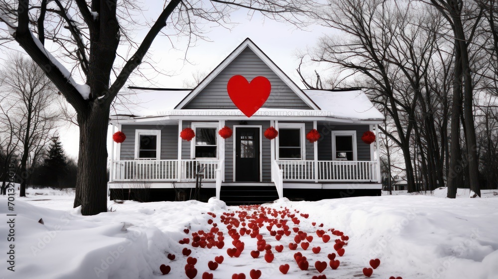 Poster a white house with a red heart on the front of it and red hearts on the ground in front of it.