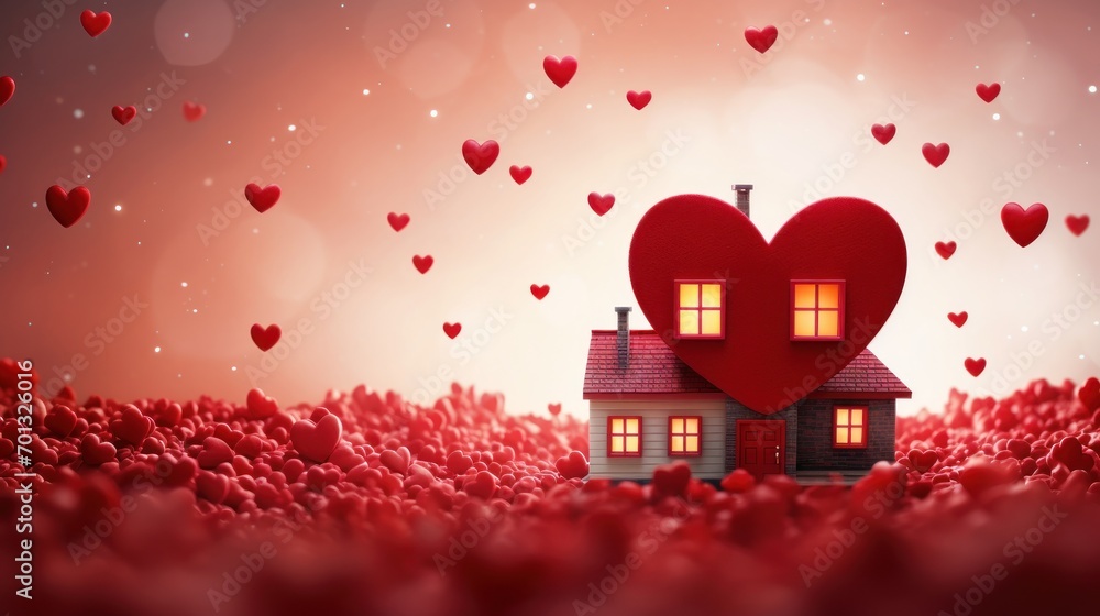Poster a house with a heart shaped window in the middle of a field of heart - shaped red flowers with a red