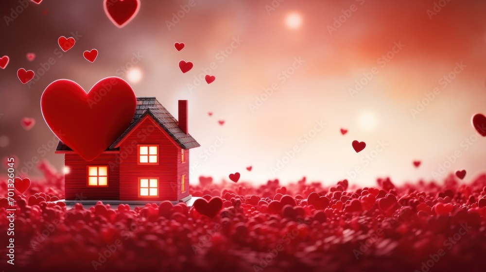 Poster a red house surrounded by a field of red hearts, with a blurred background the house is in the cente