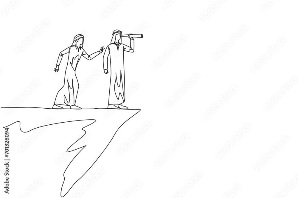 Aufkleber single continuous line drawing arab businessman monitoring something at the edge of cliff using bino