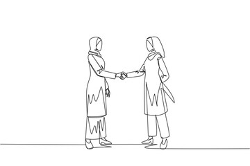Single one line drawing two Arab businesswomen shaking hands. One of them holds knife behind back. Getting ready to stab. Must win at all costs. Traitor. Continuous line design graphic illustration