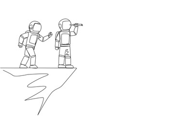 Single one line drawing the astronaut monitoring something at the edge of cliff using binocular. Monitoring business. Taken down by traitor from behind. Continuous line design graphic illustration