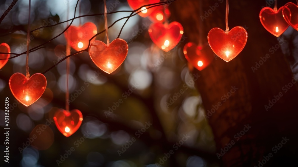 Poster a tree filled with lots of red hearts hanging from it's branches with lights in the shape of hearts.