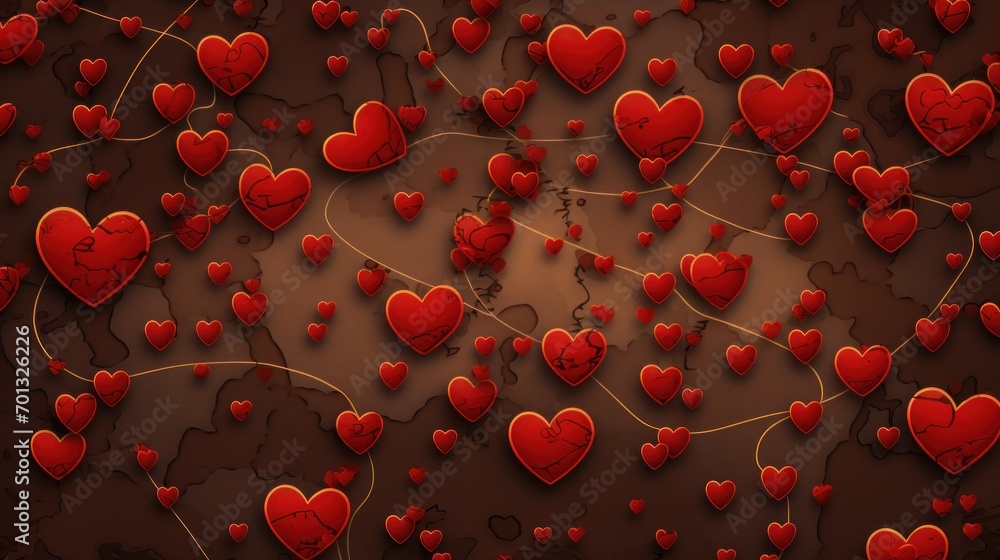 Poster a bunch of red hearts connected to a map of the world with a line of red hearts on a brown backgroun