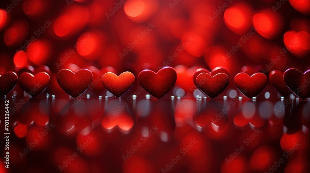Aufkleber a row of red hearts sitting on top of a shiny surface with red lights in the background and a reflec