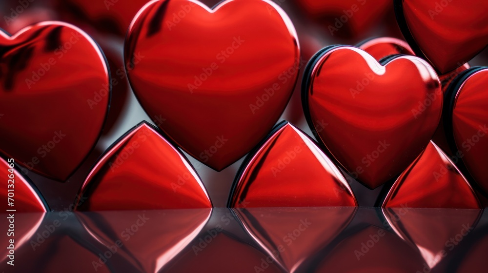 Aufkleber a group of red hearts sitting next to each other on top of a red surface with a reflection of them.