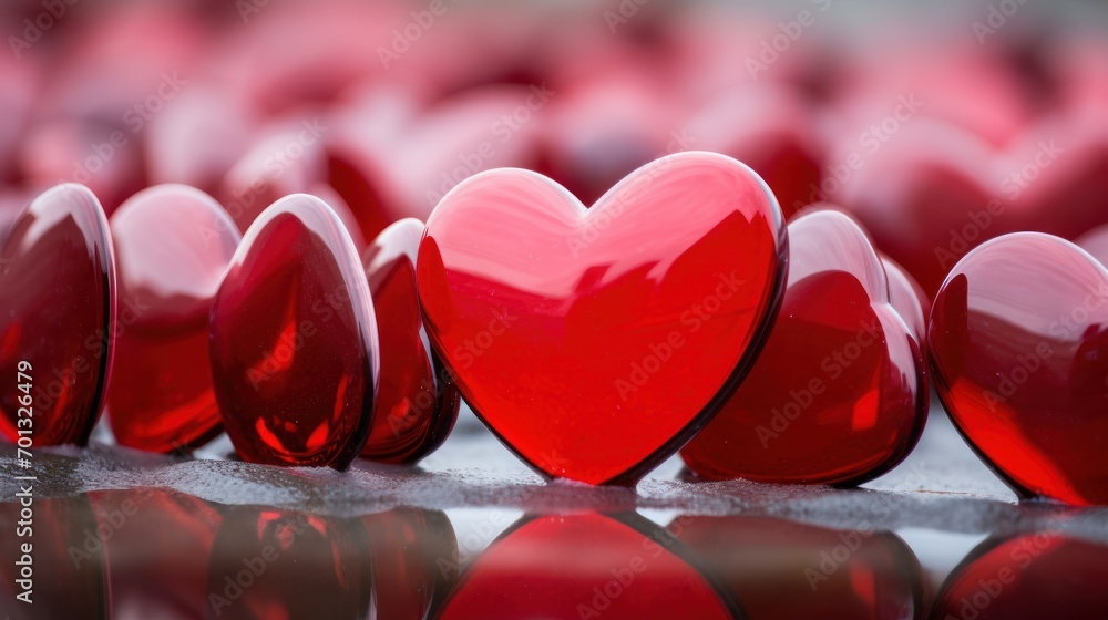 Poster a group of red hearts sitting next to each other on top of a reflective surface in front of a row of