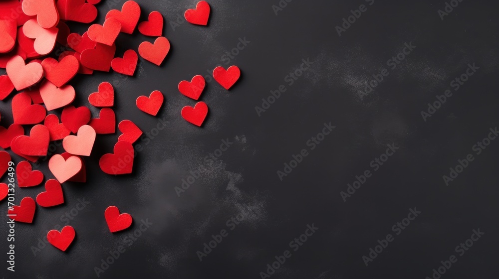 Poster a bunch of small red hearts on a black background with space for a message or a message in the cente