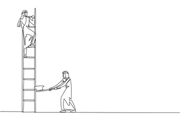 Single continuous line drawing Arab businessman climbs ladder to achieve the expected reward. Destroyed silently. Business failed to develop. Destroyed by traitors. One line design vector illustration
