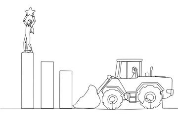 Single one line drawing Arab businessman standing on highest bar raising a star. Bulldozer ready to destroy the happiness. Betrayal. Fake friends. Traitor. Continuous line design graphic illustration - obrazy, fototapety, plakaty