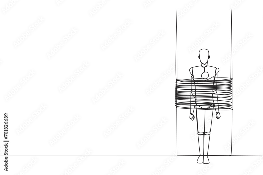 Poster continuous one line drawing the robot stands, its body tied to a large column. technical error in pr