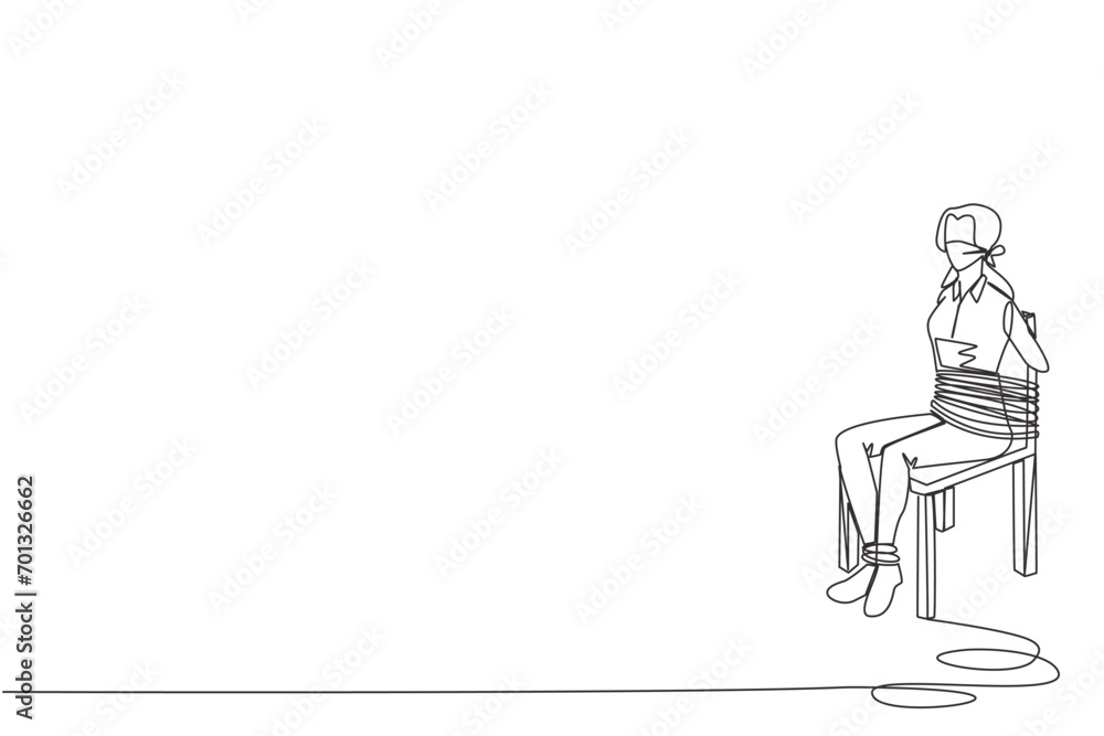 Sticker Continuous one line drawing businesswoman sitting, tied body and legs to chair. Very helpless against debt collectors. Become prisoner of business. Regret. Single line draw design vector illustration