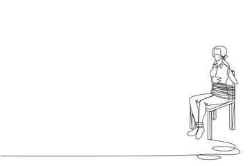 Continuous one line drawing businesswoman sitting, tied body and legs to chair. Very helpless against debt collectors. Become prisoner of business. Regret. Single line draw design vector illustration
