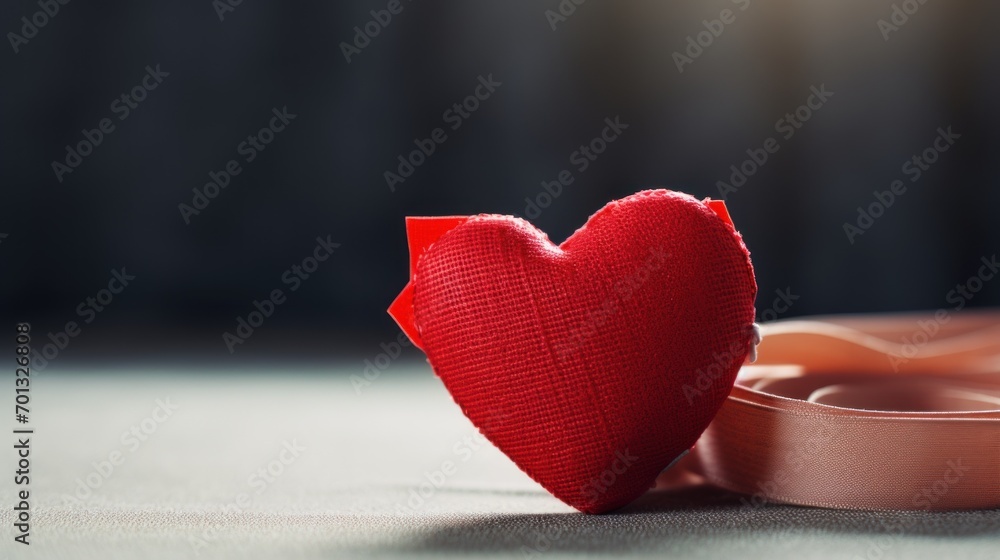 Poster a red heart sitting on top of a table next to a pair of scissors and a tape dispenser.