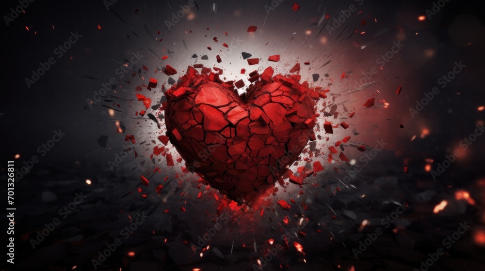 Aufkleber a broken heart in the middle of a black and red background with a burst of light coming out of it.