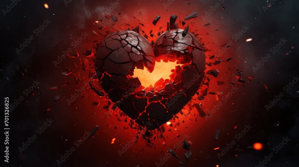Poster a heart - shaped hole in the middle of a black background with a red light in the middle of it.