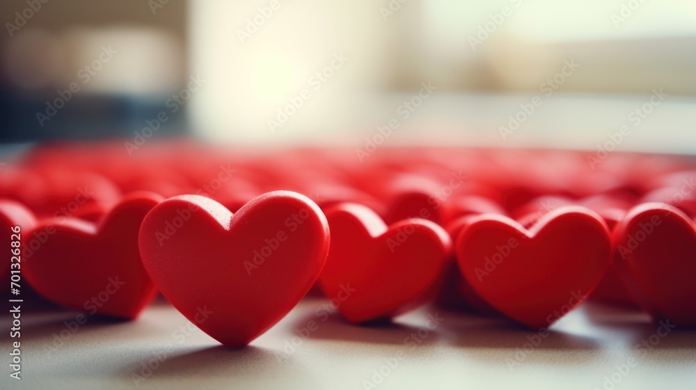 Poster a group of small red hearts sitting on top of a table next to each other on top of a table.