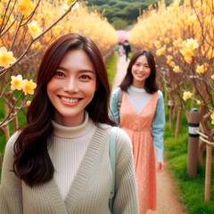 Portrait of two beautiful asian women in the park with yellow flowers