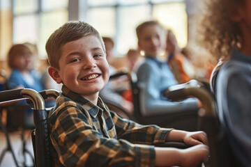 Cheerful little boy sitting in a wheelchair in class with his classmates to learn new lession,