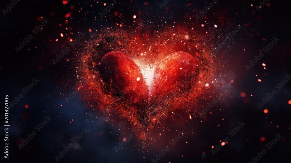 Poster a red heart shaped object in the middle of a space filled with stars and dust, with a black backgrou