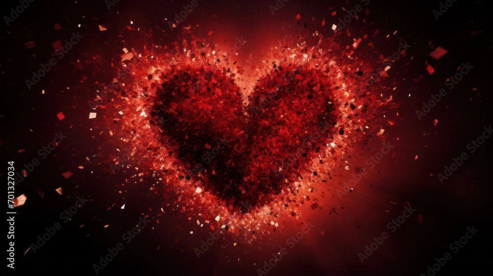 Poster a red heart shaped object in the middle of a dark background with lots of small pieces of red materi