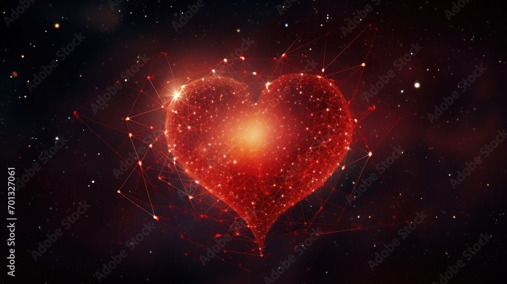 Poster a red heart shaped object in the middle of a space filled with stars and a cluster of small white do