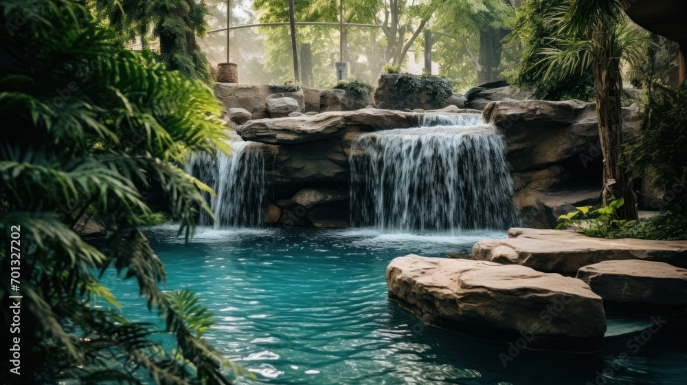 Poster a waterfall in the middle of a pool surrounded by palm trees and a large rock in the middle of the p