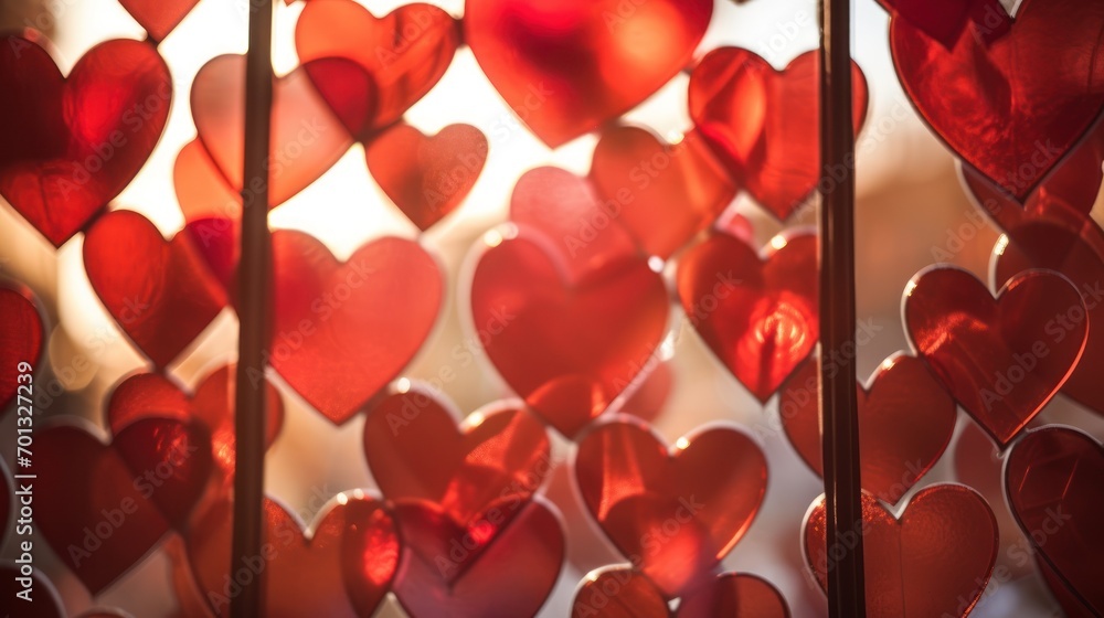 Poster a bunch of red hearts hanging from a window sill in a room with sunlight coming through the window a