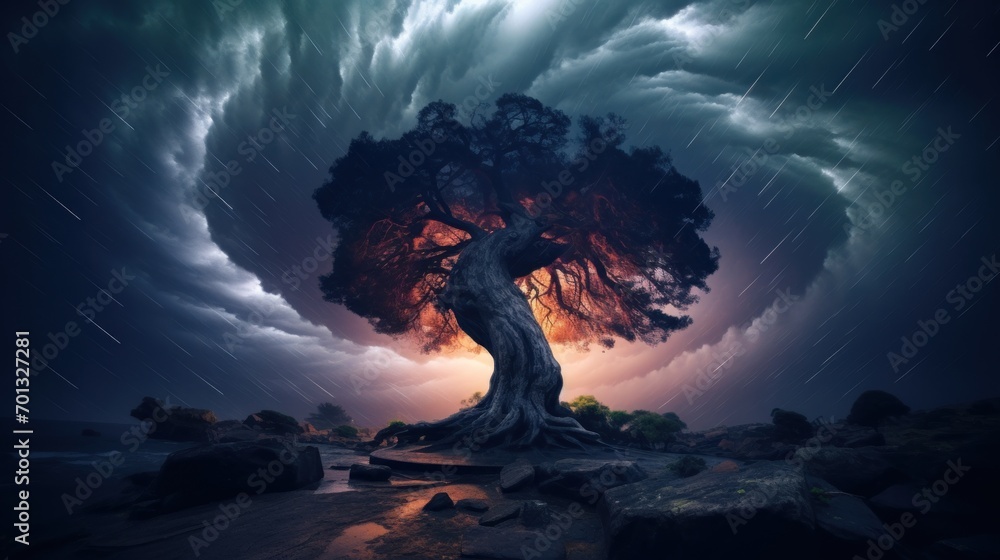 Poster a tree in the middle of a storm with a sky full of clouds and rain coming from the top of it.