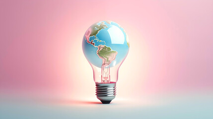 Earth Hour campaign banner with planet inside light bulb in pastel pink background. Globe in light bulb concept. Bright pastel colors, ultralight pink